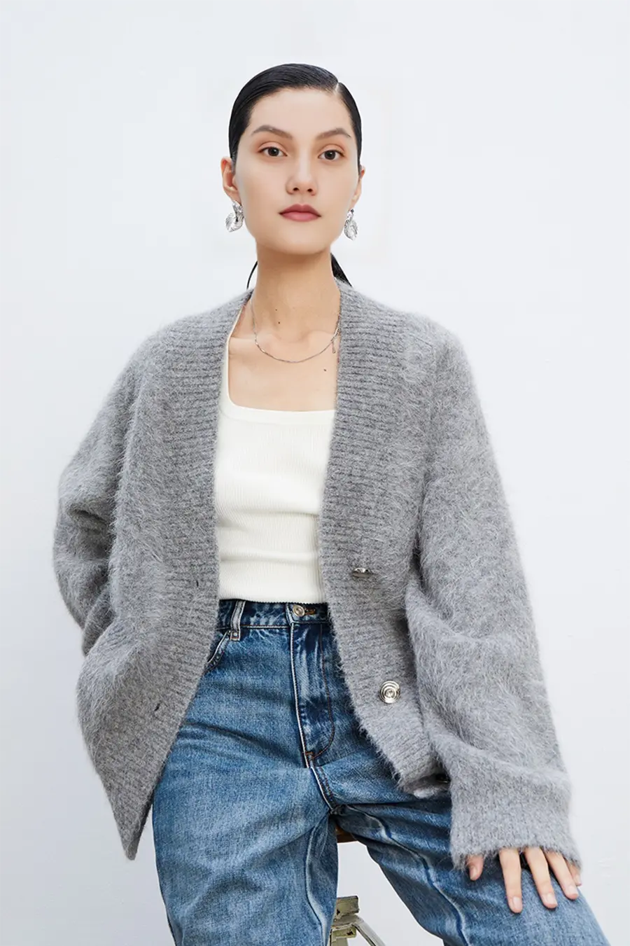 Oversized Button-Up Fuzzy Brushed Alpaca Cardigan - MIAOOOO