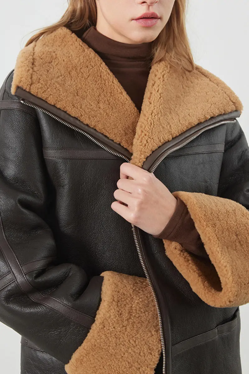 Classic Reversible Merino Sheepskin Shearling Coat with Stand Collar - MIAOOOO