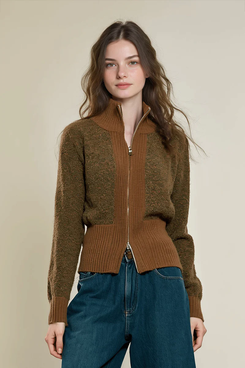 Vintage Color-Block Double-Zip Cardigan with Stand Collar - MIAOOOO