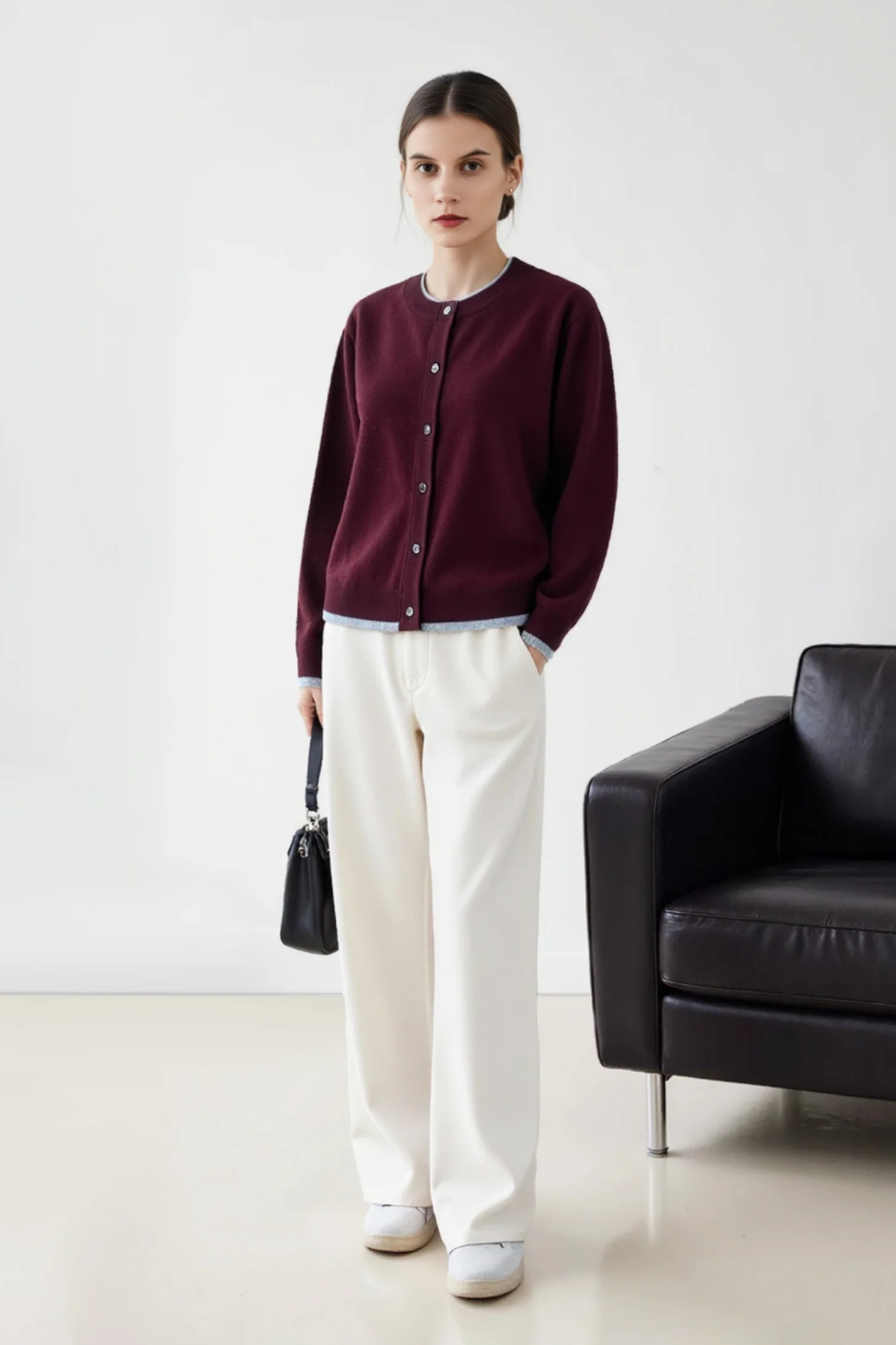 Classic Wool Crewneck Contrast-Trim Cardigan - MIAOOOO