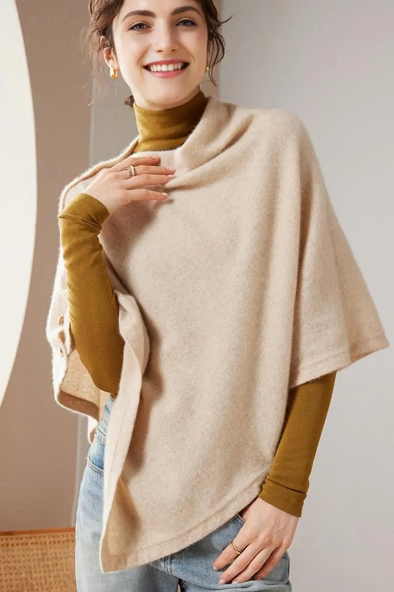 100 Cashmere Button-Up Poncho Sweater - MIAOOOO