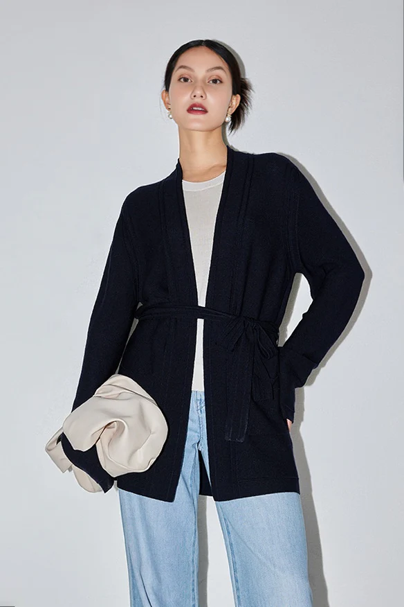 Silk Blend Wool Knitted Oversized Cardigan with Belt - MIAOOOO