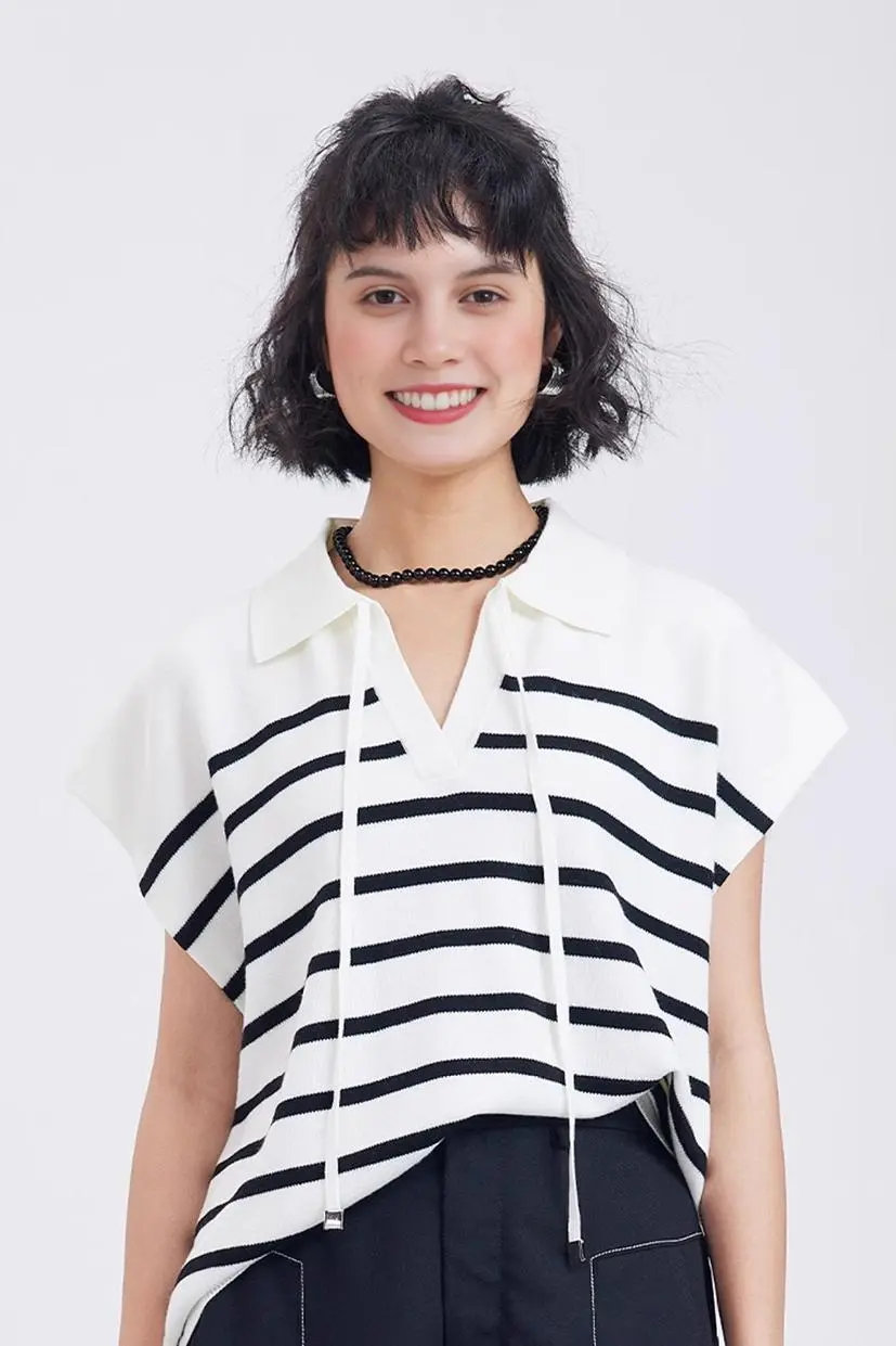 Striped V Neck Collared Knit Top - MIAOOOO