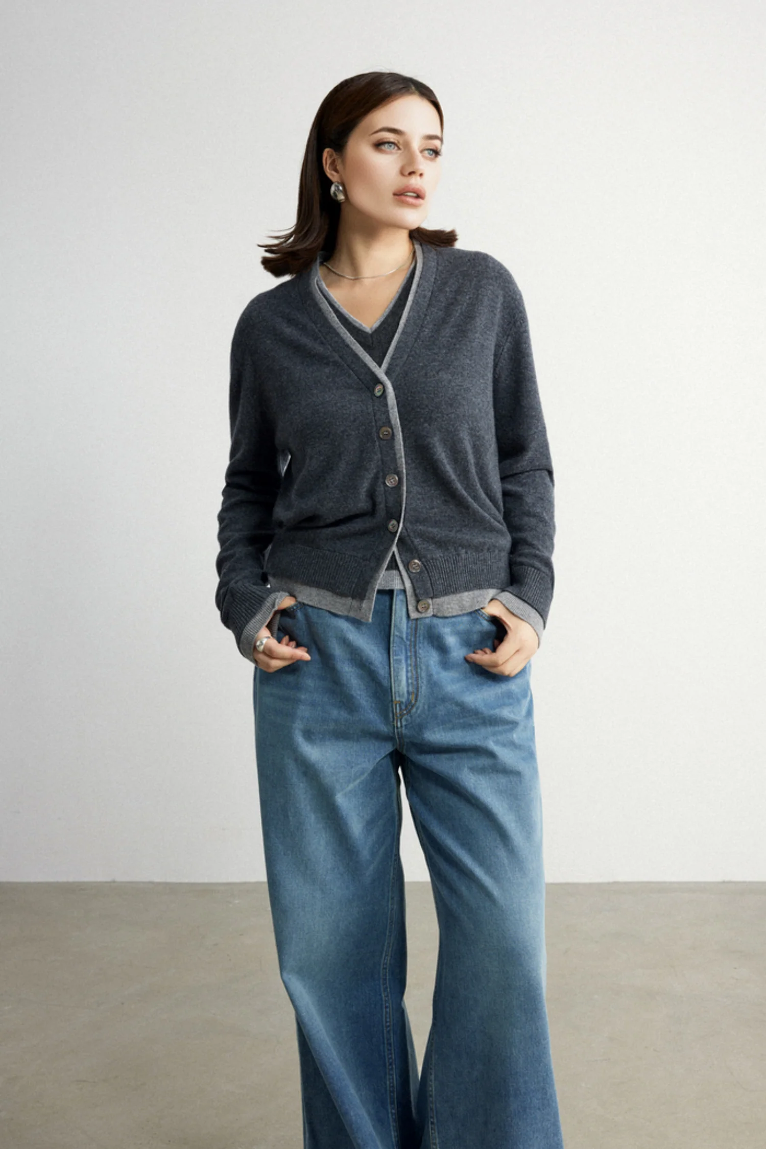 Ultrafine Wool V-Neck Double-Layer Trim Cardigan - MIAOOOO