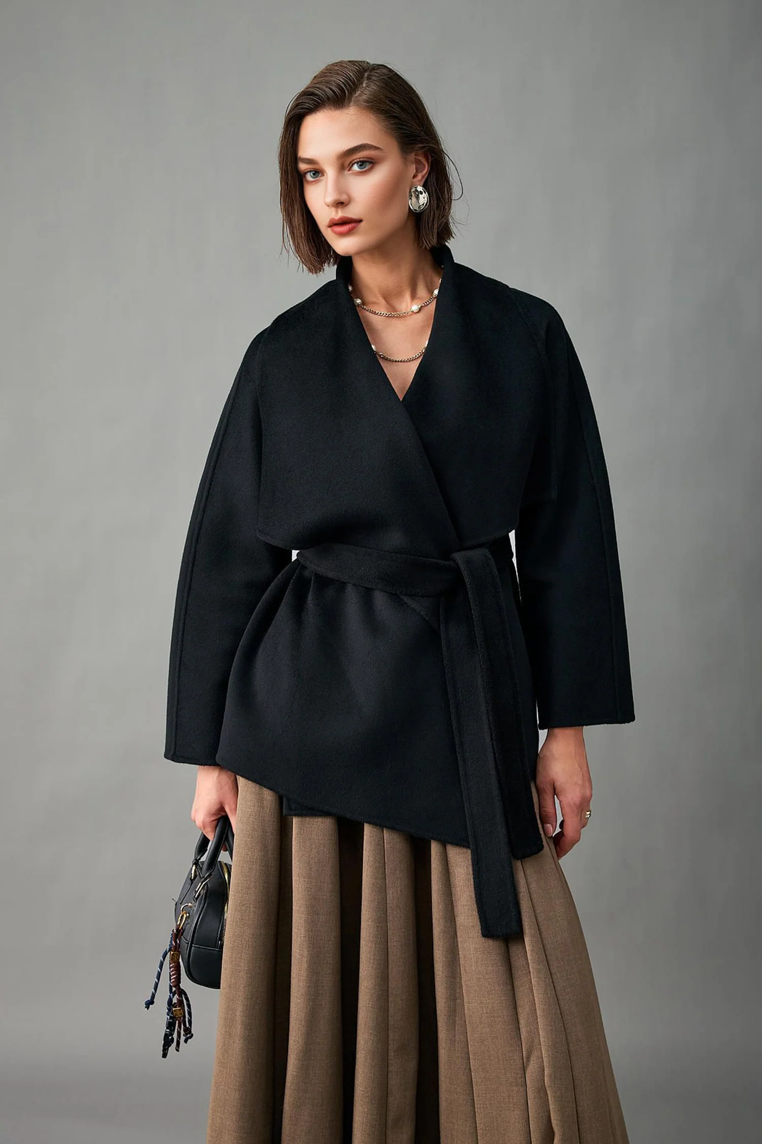 Handcrafted Double-Faced Cashmere Draped Collar Short Wrap Coat - MIAOOOO