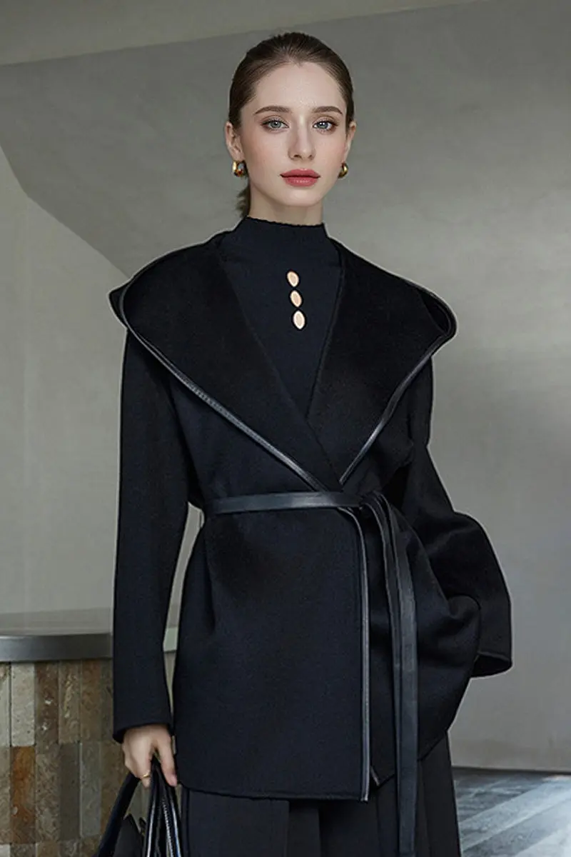 100 Cashmere Hooded Mid-Length Wrap Coat with Leather Belt - MIAOOOO