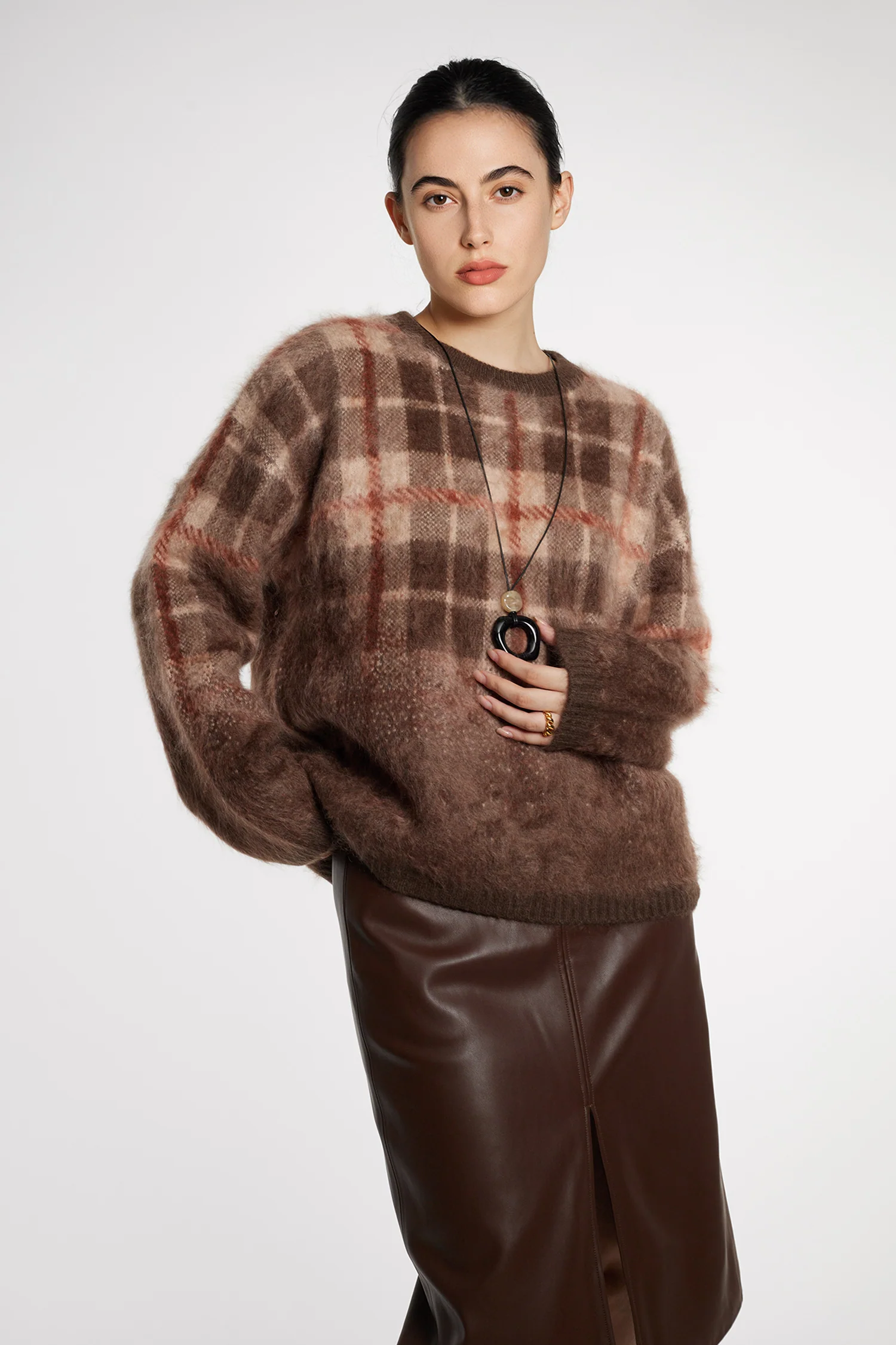 Fuzzy Brushed Cashmere Plaid Pullover Sweater - MIAOOOO