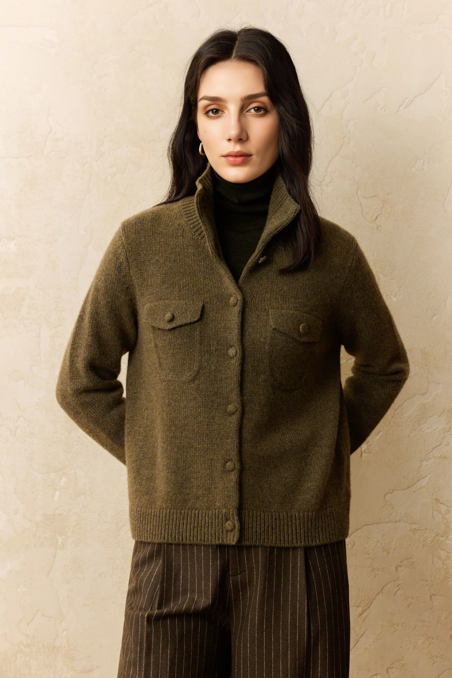 100% Cashmere Button-Up Polo Cardigan Jacket - MIAOOOO