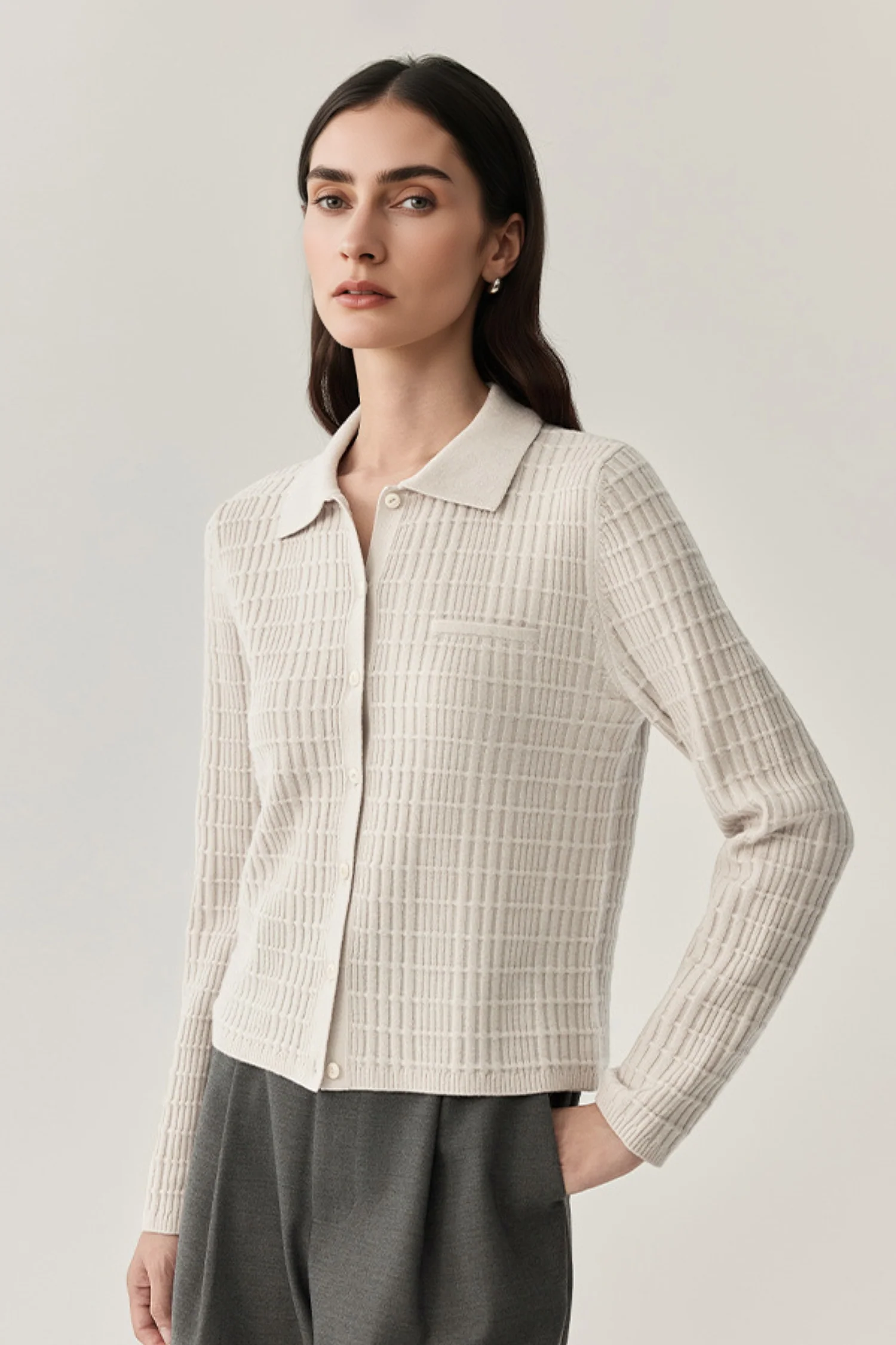 Ultrasoft Textured Wool Button-Up Polo Cardigan - MIAOOOO