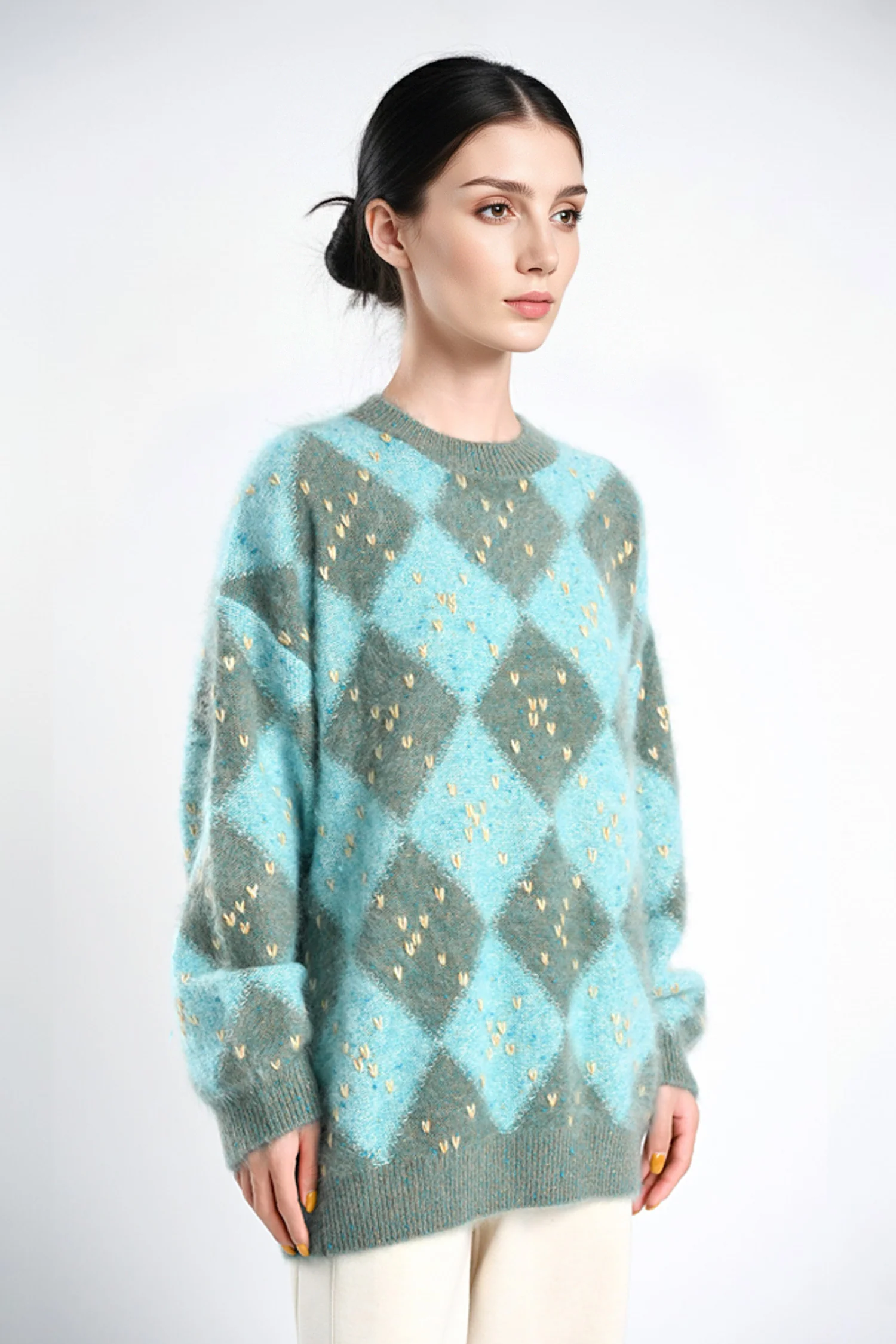 Chunky Brushed Cashmere Hand-Embroidered Argyle Sweater - MIAOOOO