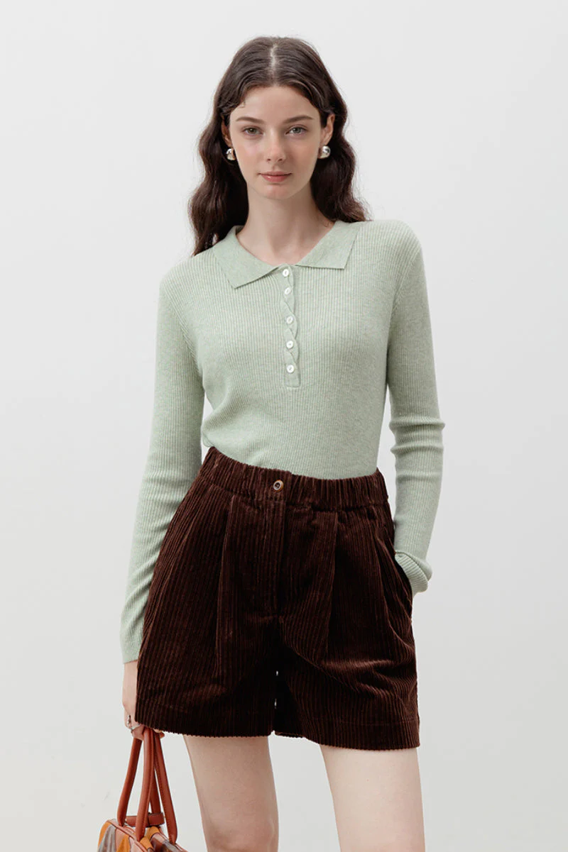 Fitted Long-Sleeve Ribbed Polo Shirt - MIAOOOO