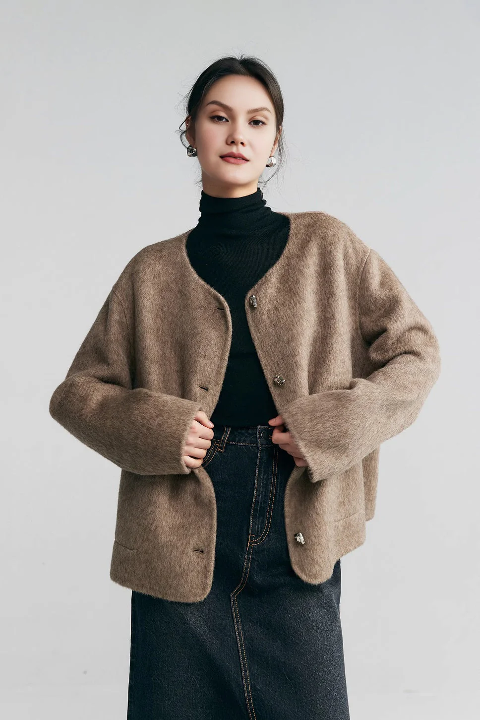Silk Wool Blend Crewneck Cropped Jacket - MIAOOOO
