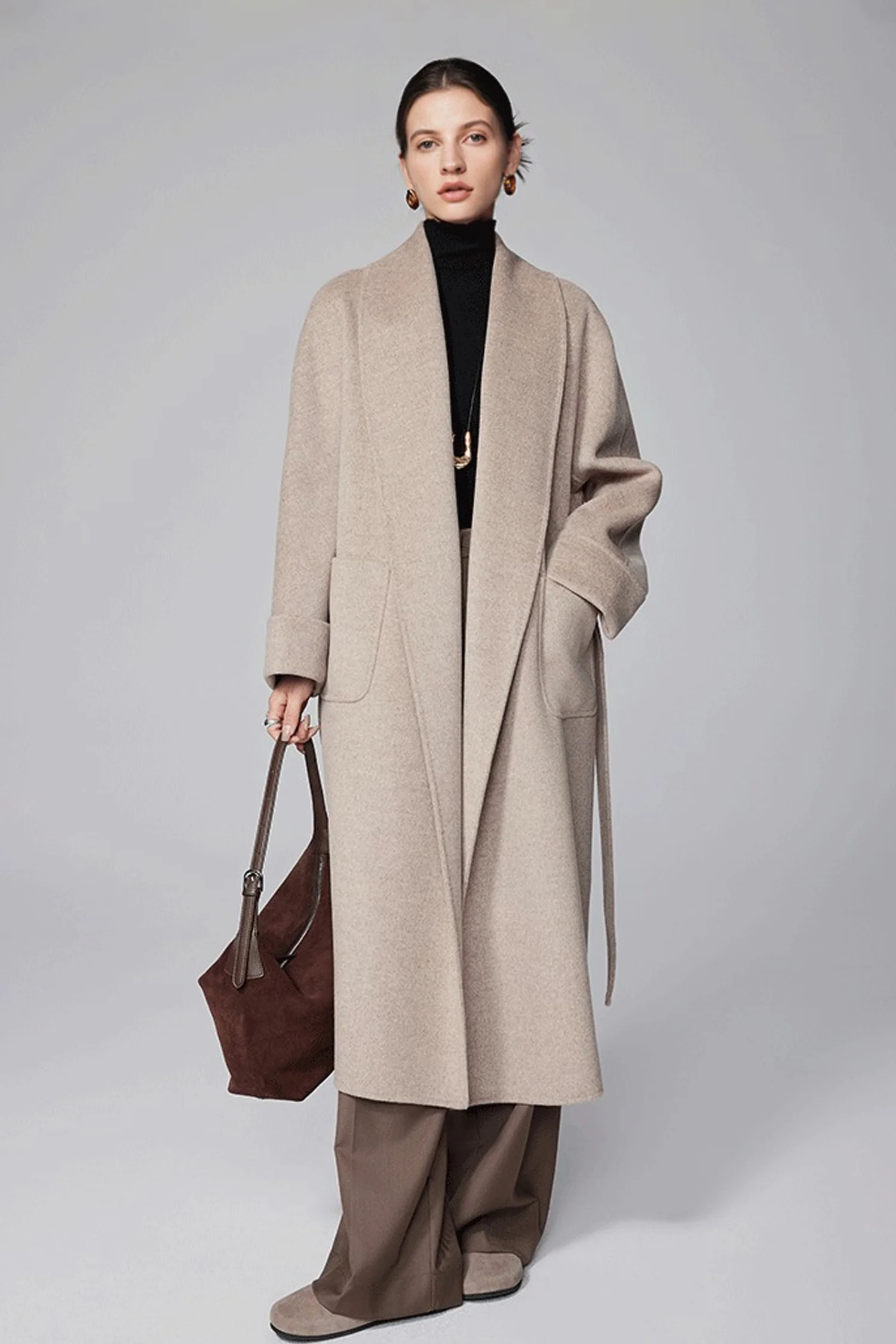 Shawl-Collar Wool-Cashmere Belted Maxi Wrap Coat - MIAOOOO