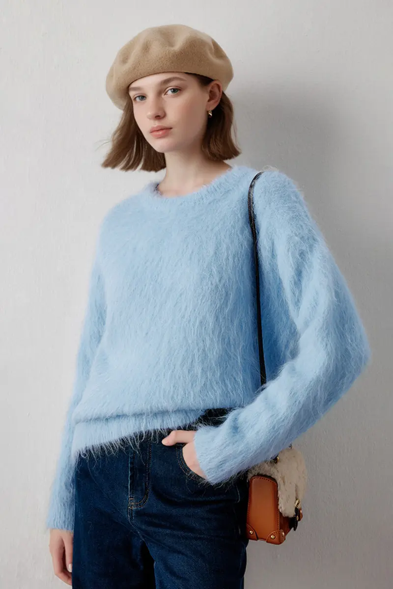Luxe Colorful Cable Knit Brushed Alpaca Fuzzy Crewneck Sweater - MIAOOOO
