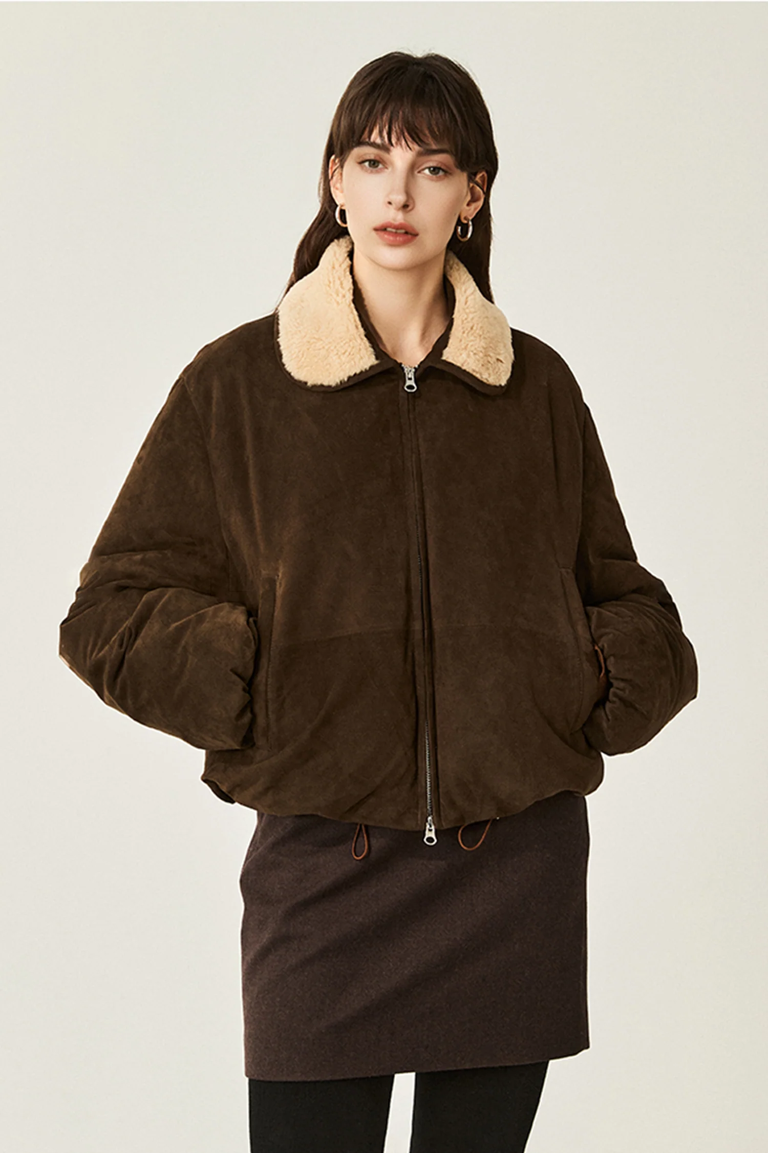 South African Suede Shearling Puffer Jacket with Merino Collar - MIAOOOO