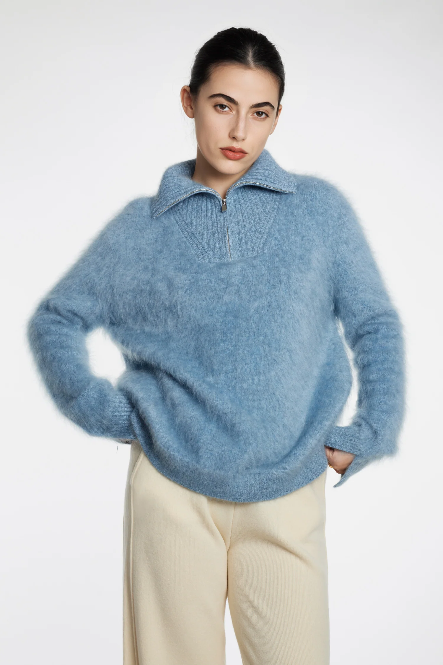 Fuzzy Brushed Cashmere Marled Quarter-Zip Polo Sweater - MIAOOOO