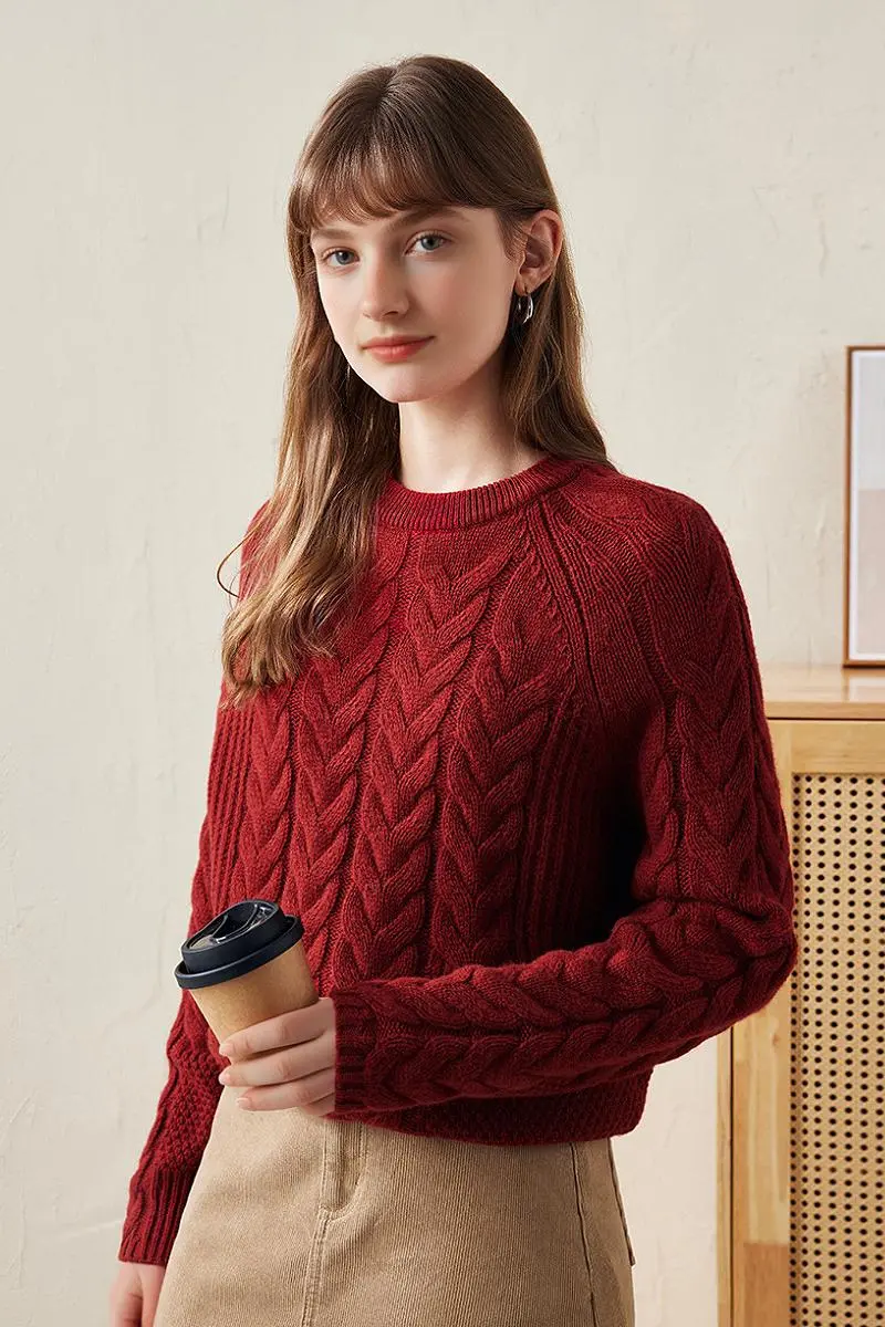 100 Wool Chunky Knit Cable Crew Neck Sweater - MIAOOOO