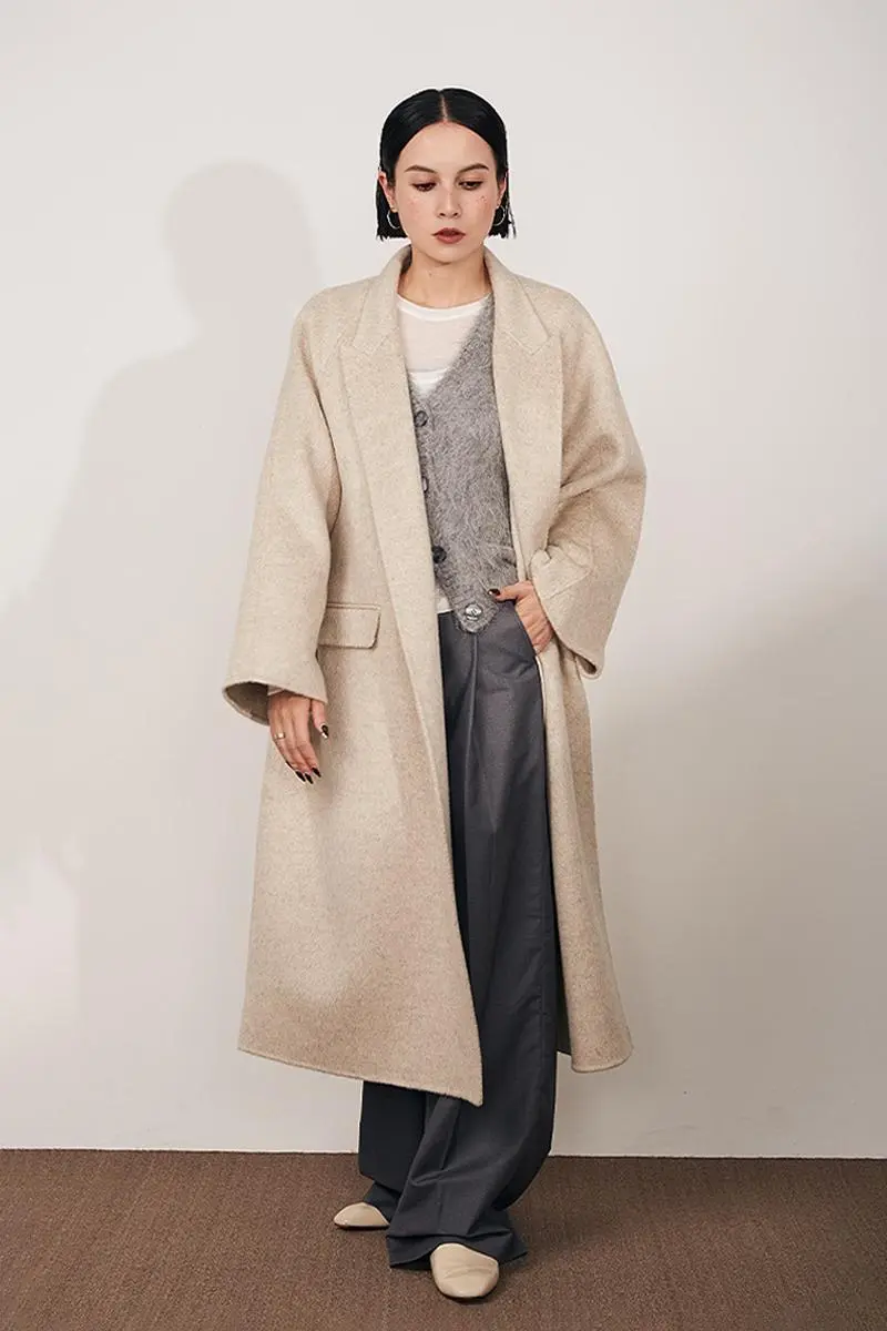 Long Wool Silk Blend Wrap Coat with Notched Lapel - MIAOOOO