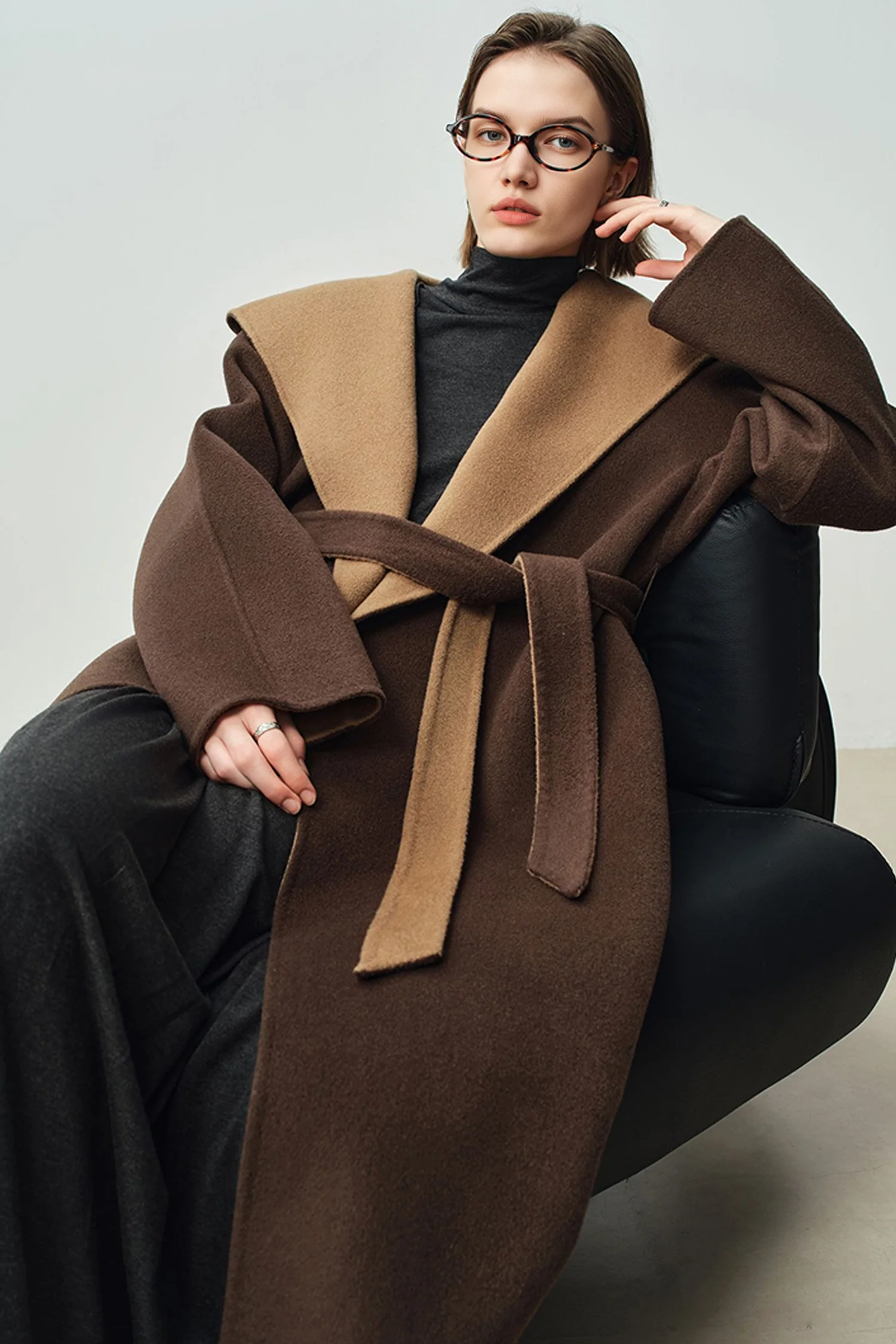 Two-Tone Hooded Wool-Cashmere Long Wrap Coat - MIAOOOO