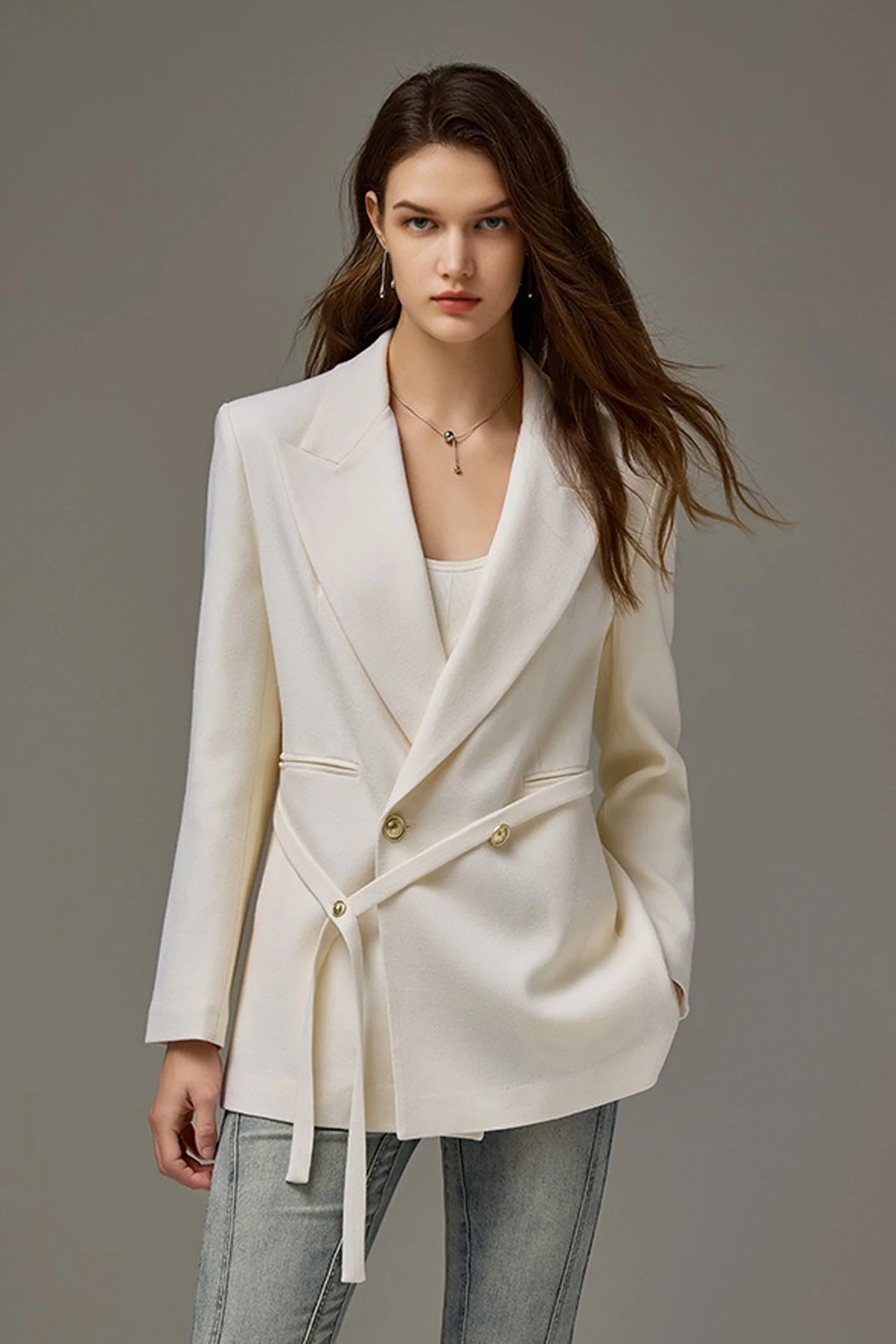 100% Wool Tailored Double-Breasted Blazer with Belt - MIAOOOO