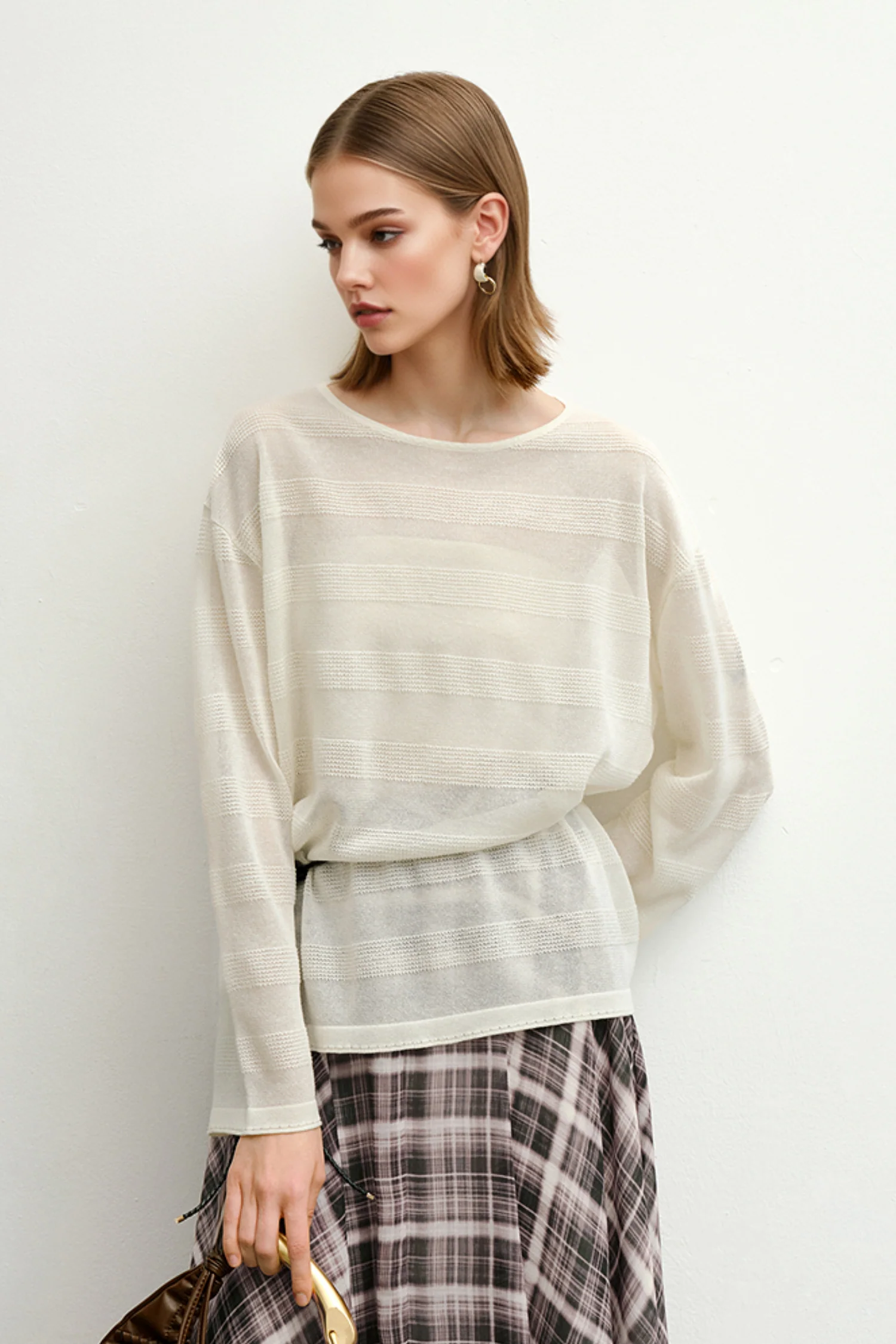 Loose Sheer Cotton-Linen Long-Sleeve Crew-Neck Striped T-Shirt - MIAOOOO