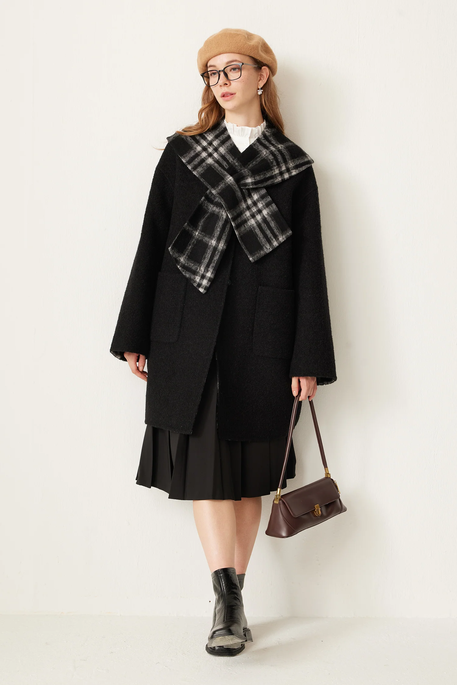 Reversible Plaid Alpaca Wool Double-Faced Coat with Scarf Collar - MIAOOOO