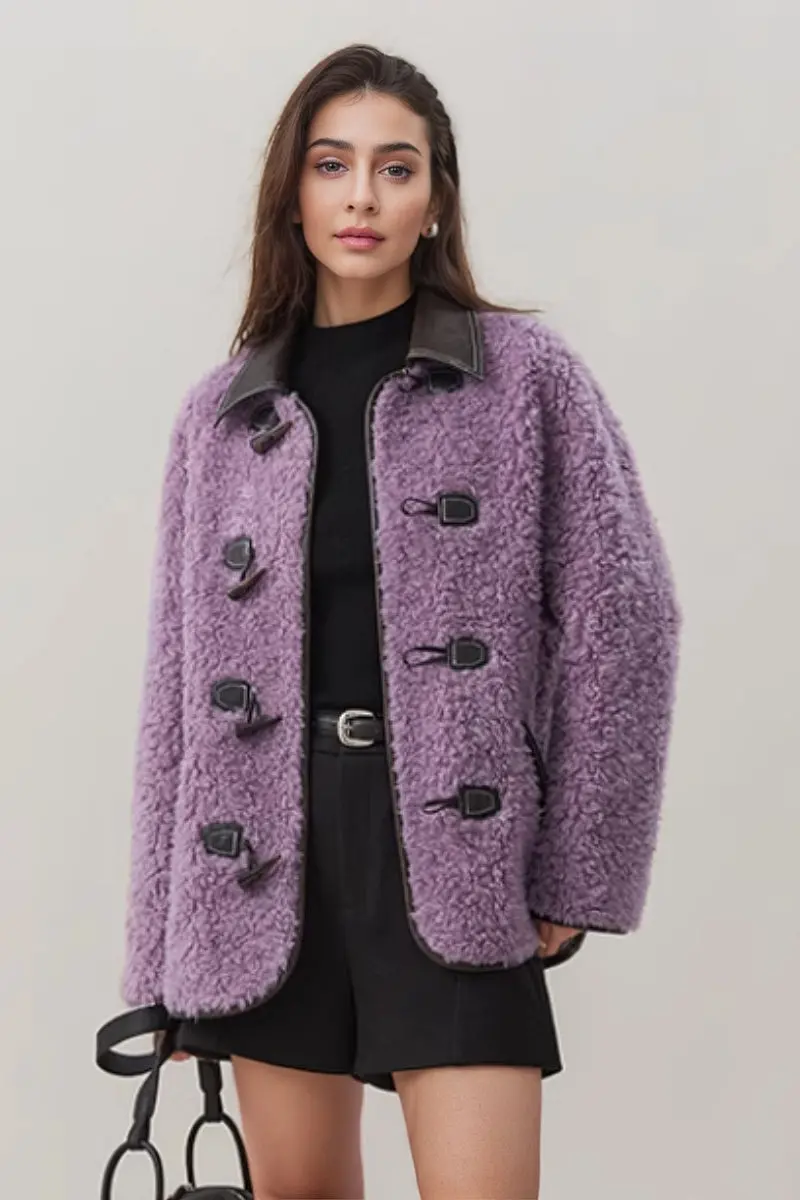 Faux Shearling Teddy Wool Toggle Jacket with Leather Collar - MIAOOOO