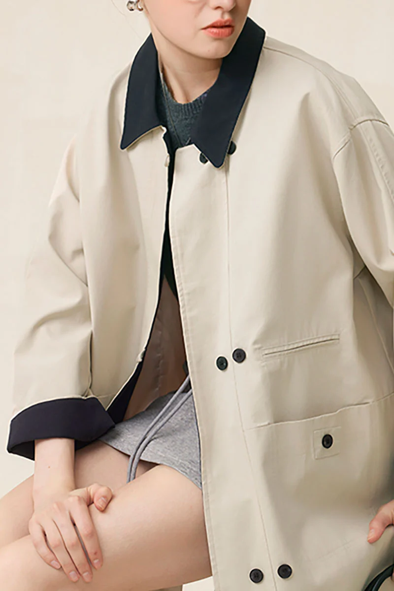 Lightweight Color-Block Long Cotton-Lyocell Barn Trench Coat - MIAOOOO