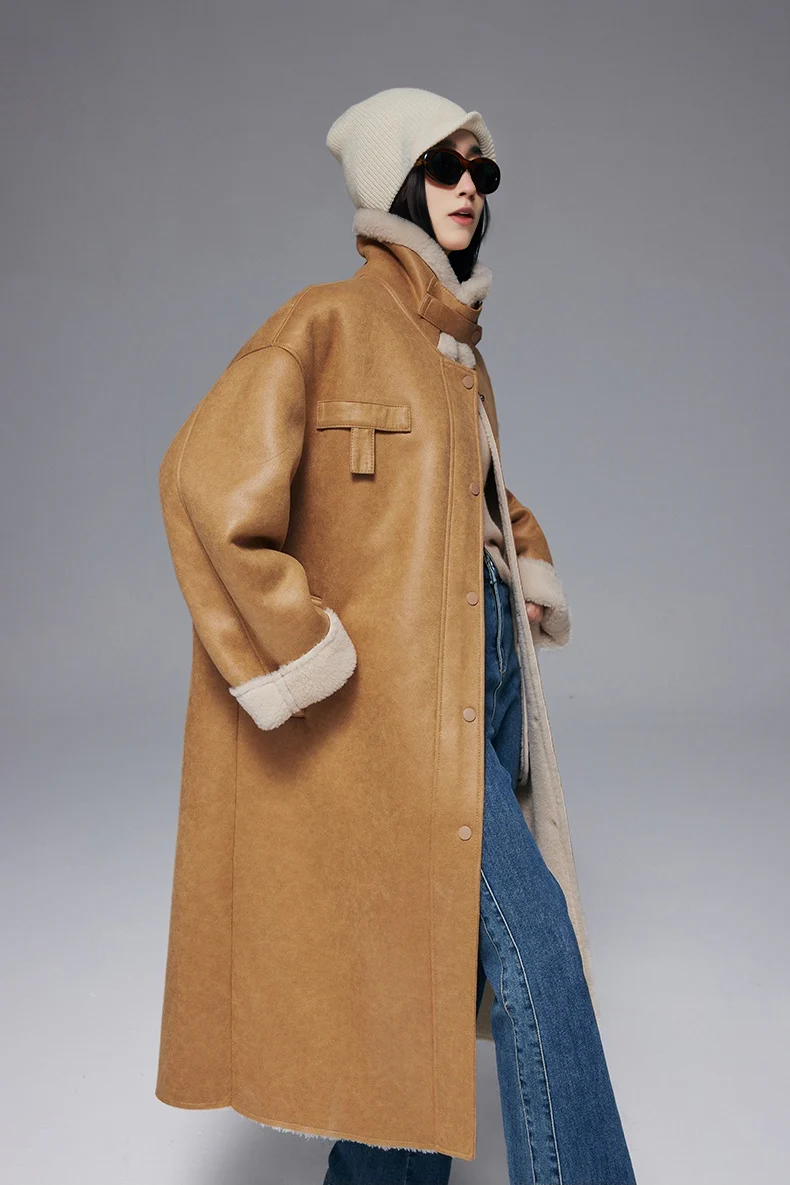 High Collar Reversible Wool Faux-leather Coat - MIAOOOO