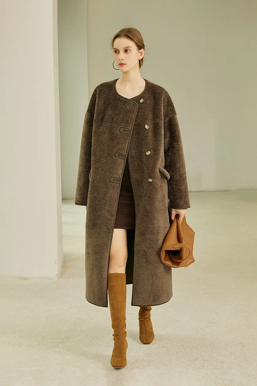 Collarless Faux Leather Lined Sleek Long Sherpa Coat - MIAOOOO