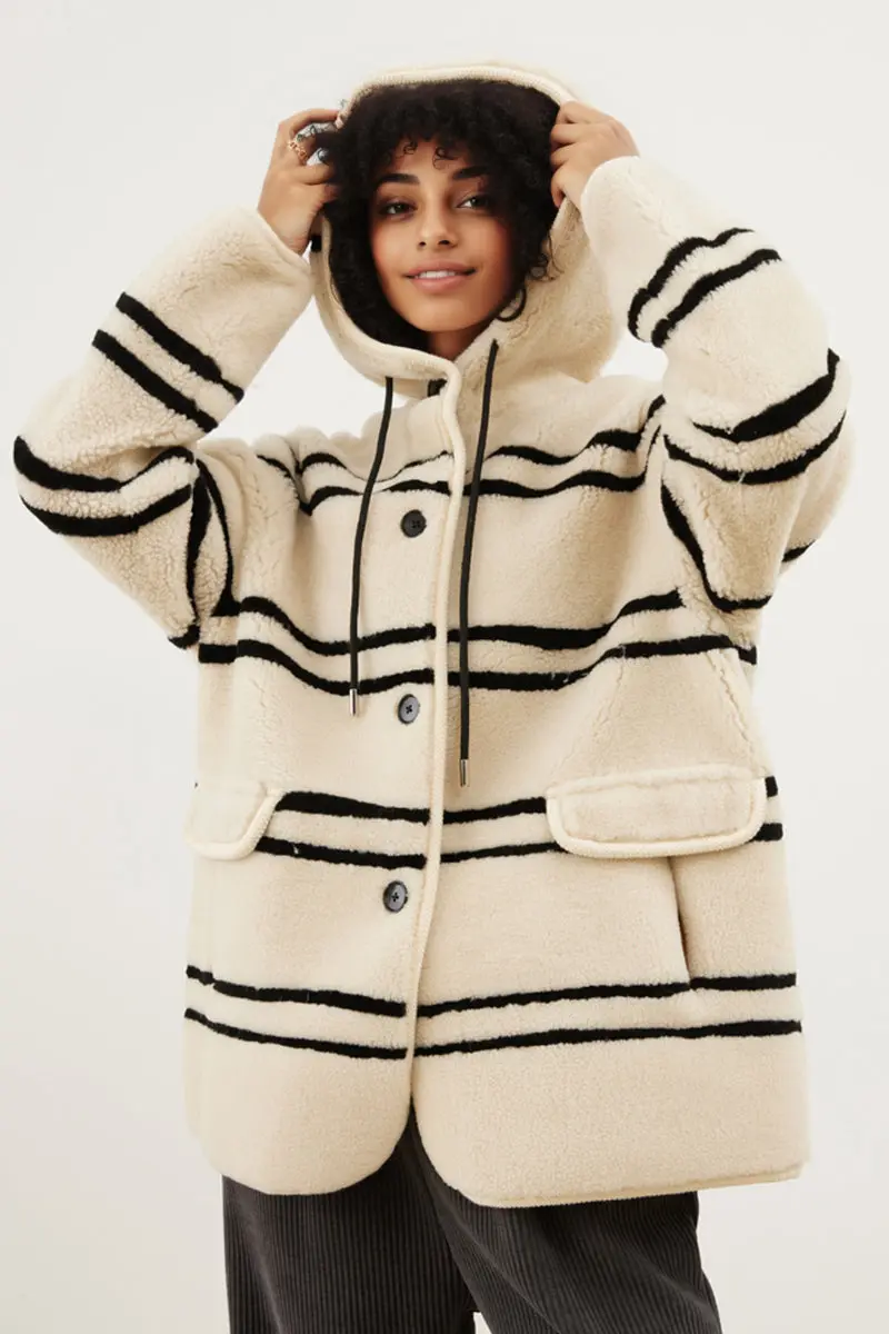 Oversized Striped Merino Sheepskin Shearling Coat with Hood - MIAOOOO