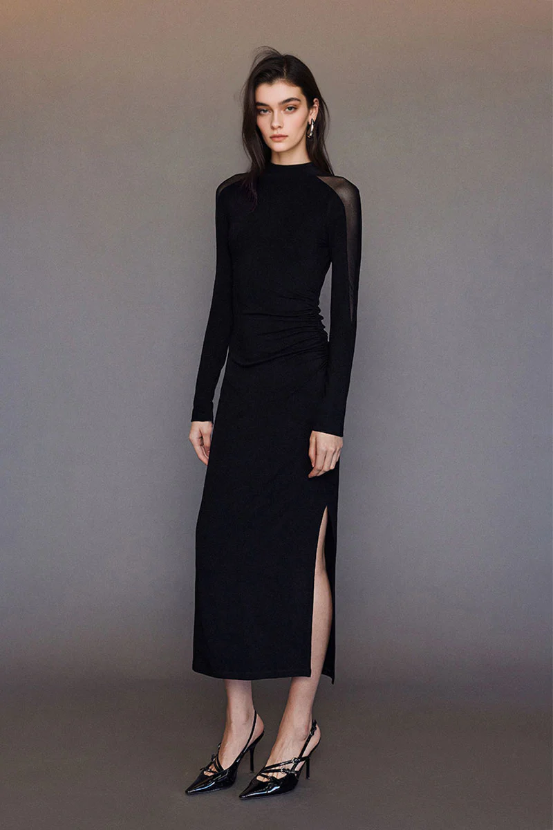 Black Bodycon Maxi Dress with Mesh Sleeve - MIAOOOO