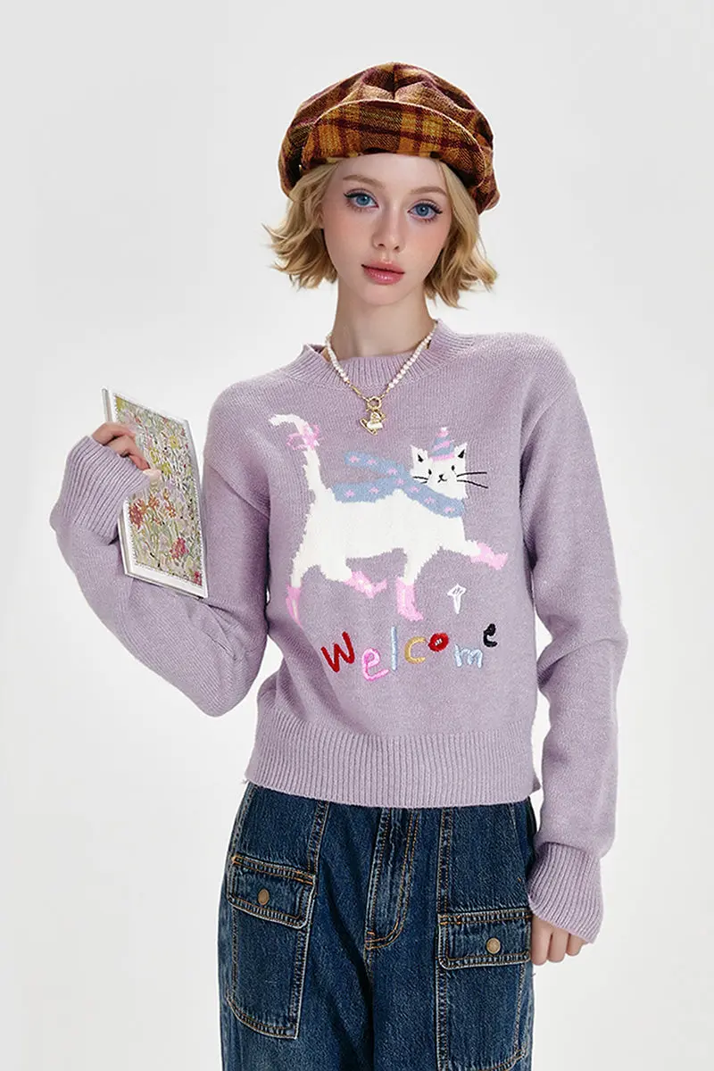 Purple Mock Neck Pullover Sweater with Joyful Puss - MIAOOOO