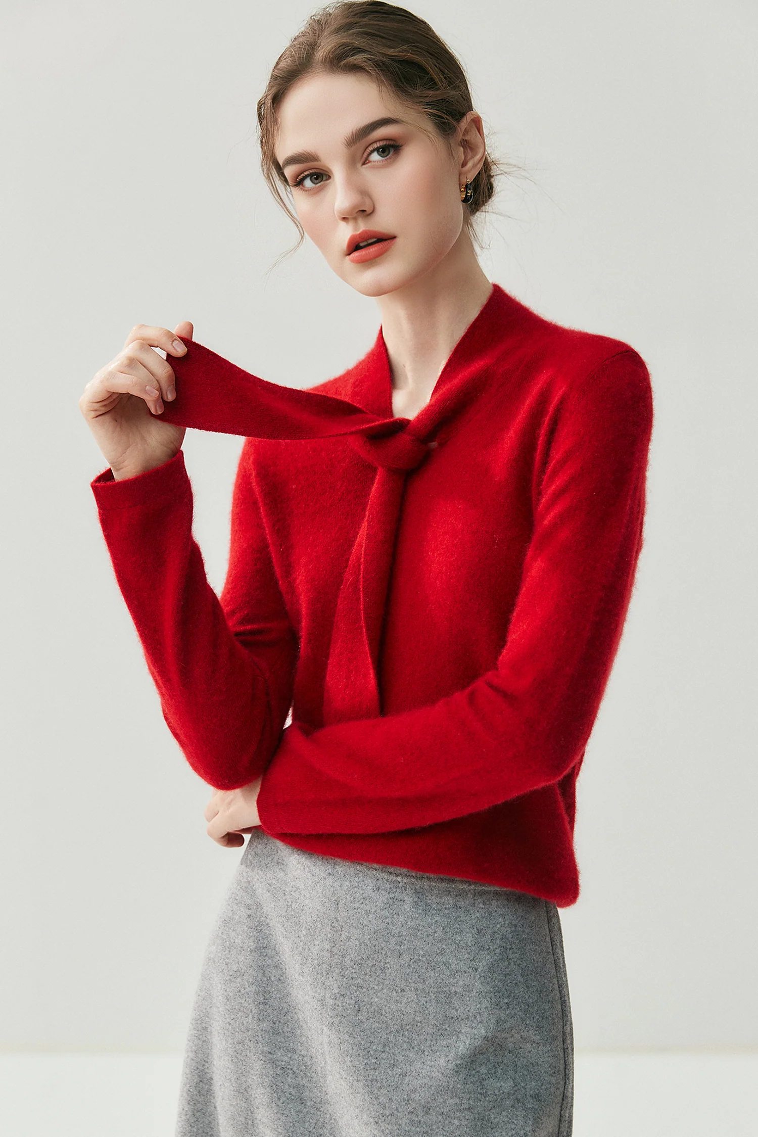 Ultrasoft Cashmere-Merino Tie-Neck Sweater - MIAOOOO