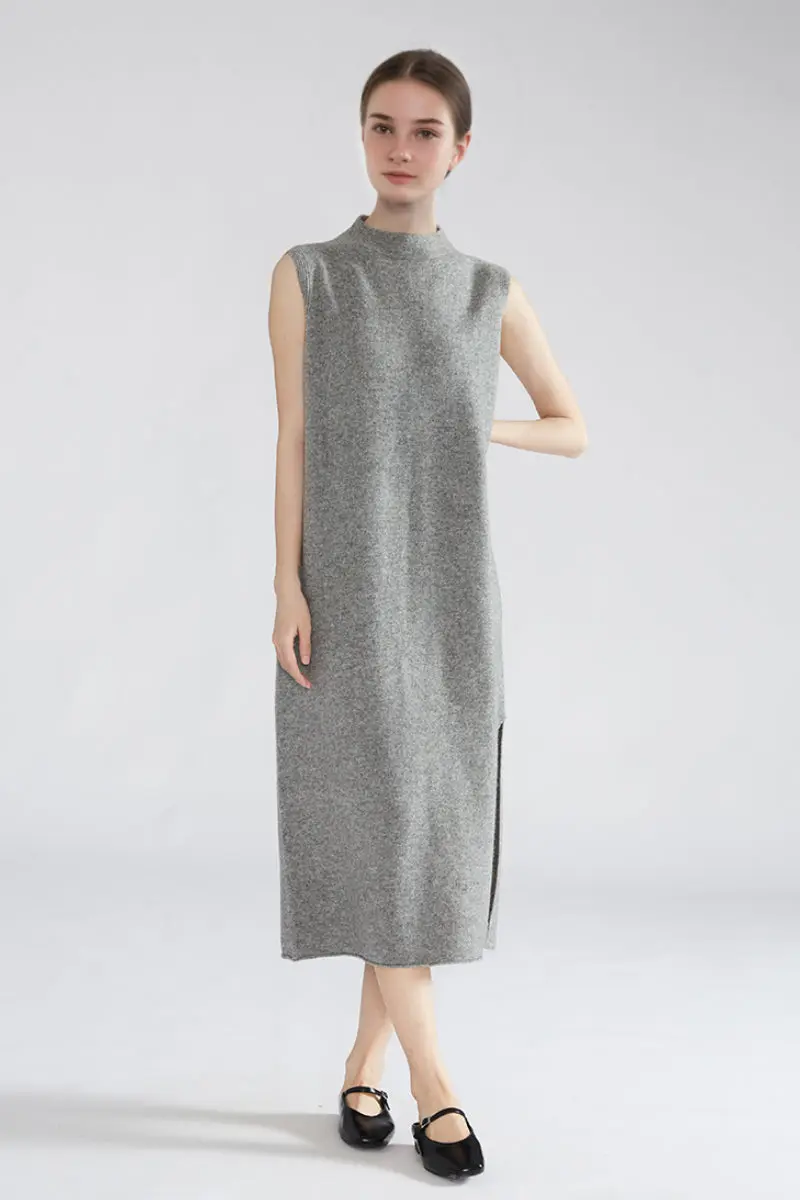 100 Wool Seamless Knit Sleeveless Midi Sweater Dress with Side Slit - MIAOOOO