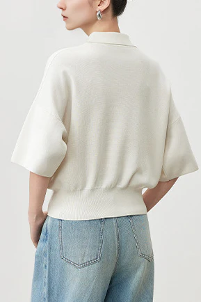 Silk Blend Drop Shoulder Short Sleeve Knit Polo - MIAOOOO