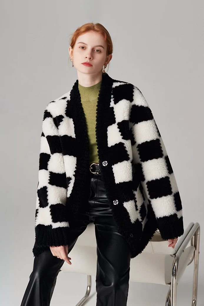 Women's Black and White Checkered Mid-length Shearling Coat - MIAOOOO