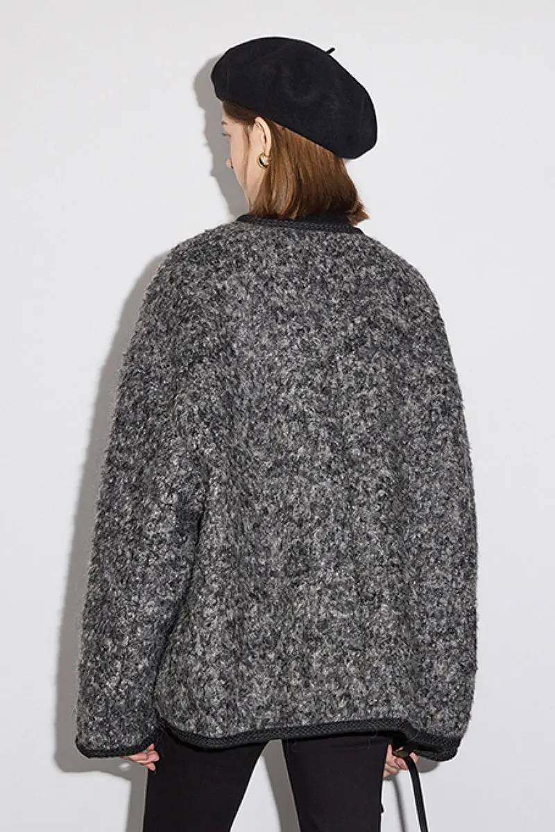 Oversized Wool Blend V-Neck Bouclé Jacket - MIAOOOO