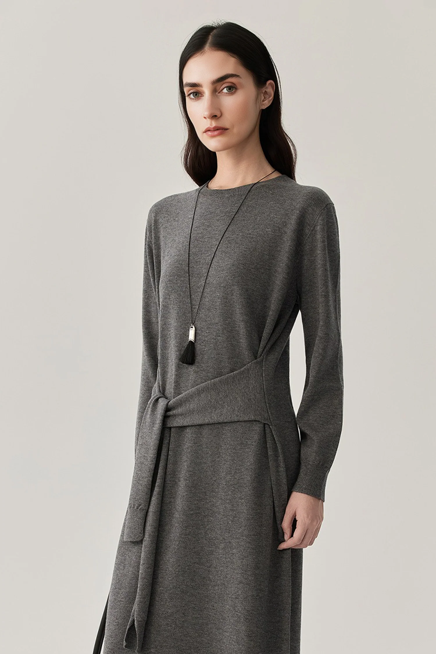 Washable Wool Long Sleeve Tie-Waist Midi Sweater Dress - MIAOOOO