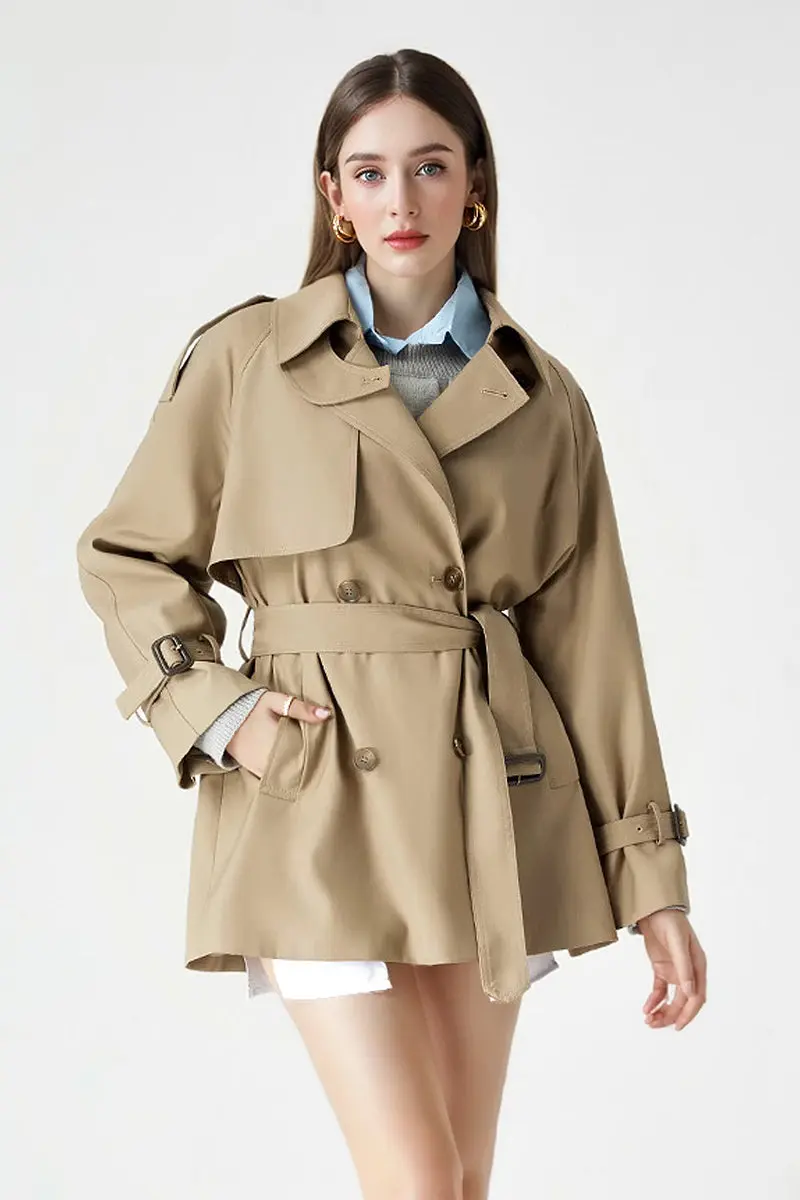 Double Breasted Short Trench Coat with Belt - MIAOOOO