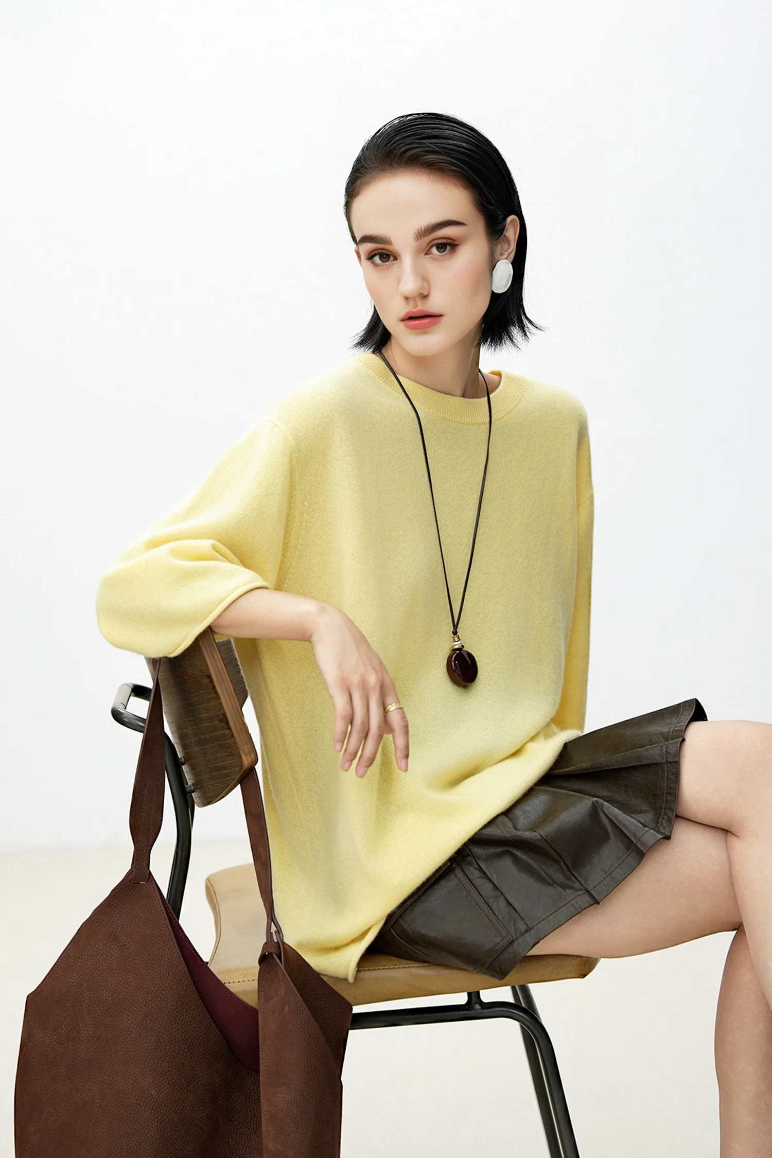 Oversized Cashmere 3/4 Sleeve Sweater T-Shirt - MIAOOOO