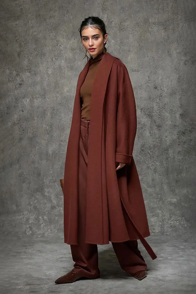 Long Australian Wool Belted Double Faced Wrap Coat with Shawl Collar - MIAOOOO