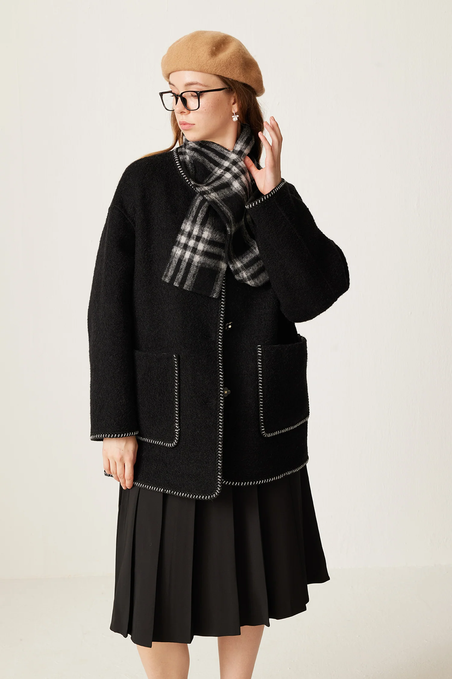 Reversible Plaid Alpaca Wool Double-Faced Scarf Coat - MIAOOOO