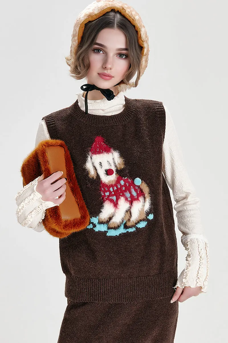 Vintage Crewneck Pullover Sweater Vest with Playful Puppy - MIAOOOO