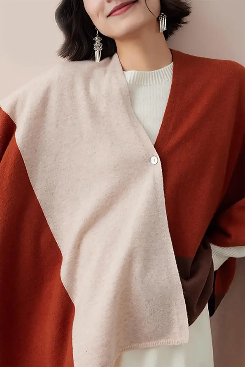 Cashmere Wool Knit Colorblock Poncho Sweater - MIAOOOO