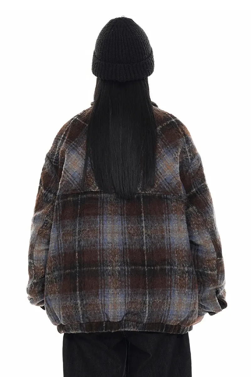Oversized Faux Wool Plaid Bomber Shacket with Leather Collar - MIAOOOO