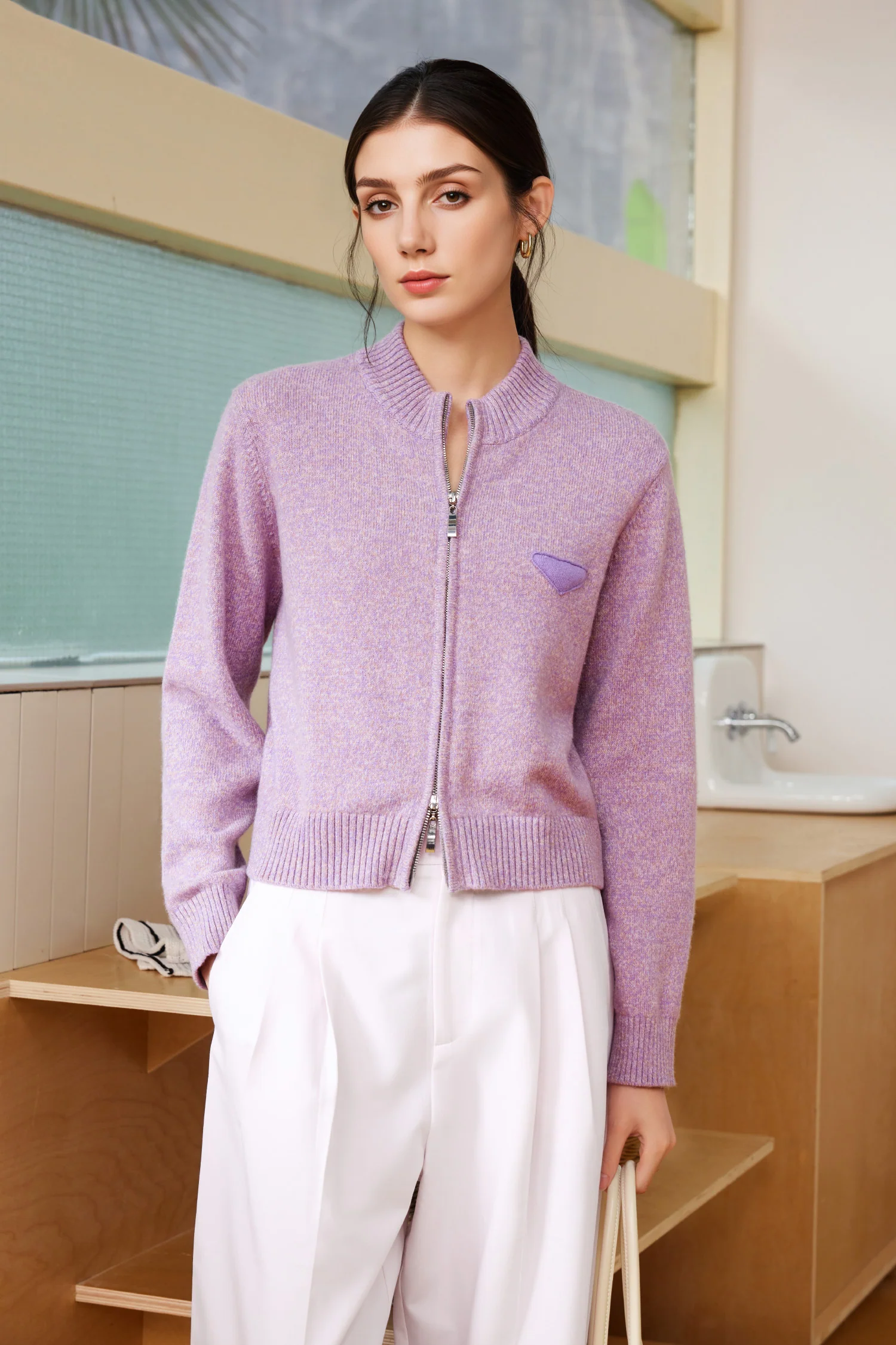 100% Cashmere Marled Double-Zip Mock-Neck Cardigan - MIAOOOO