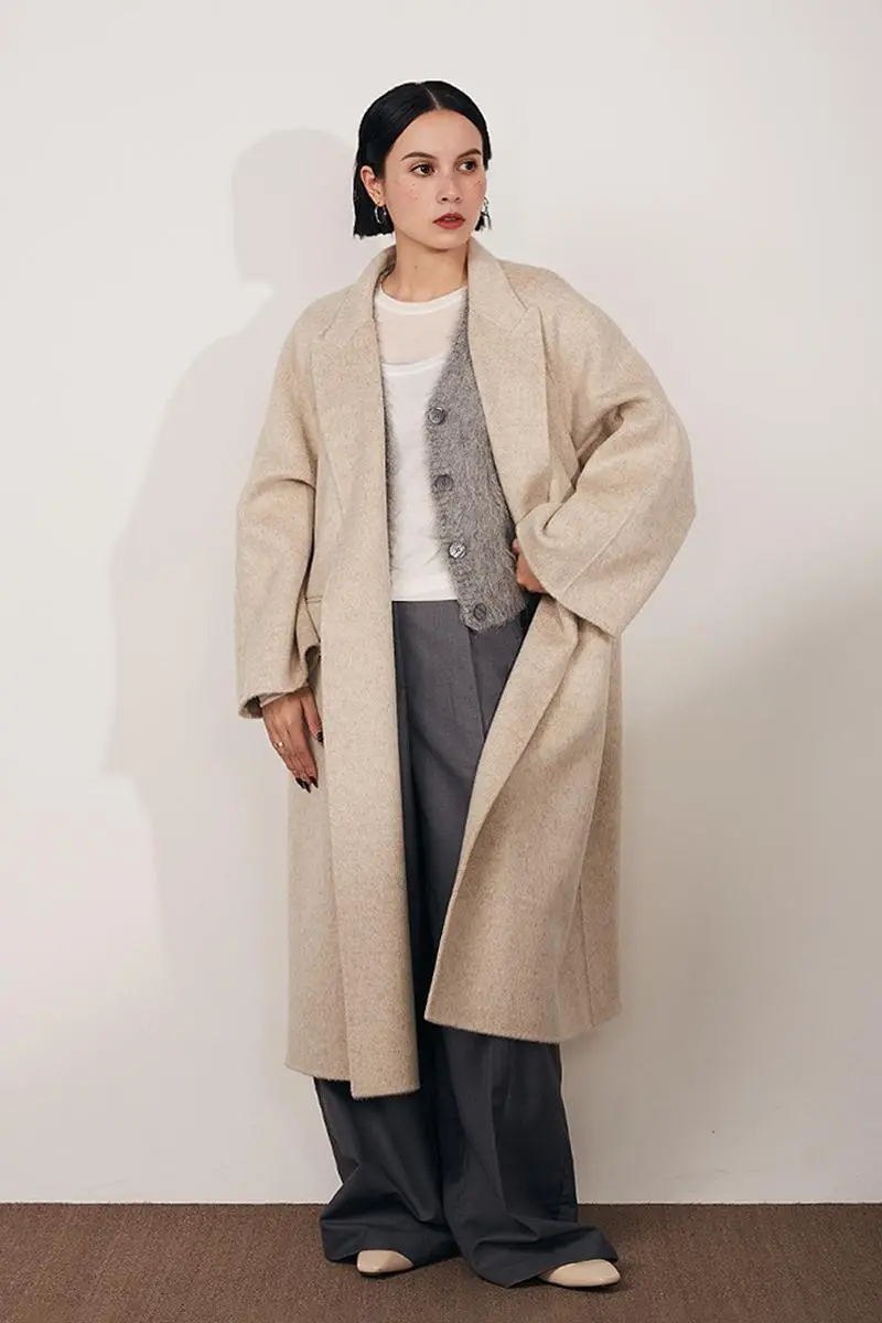 Long Wool Silk Blend Wrap Coat with Notched Lapel - MIAOOOO