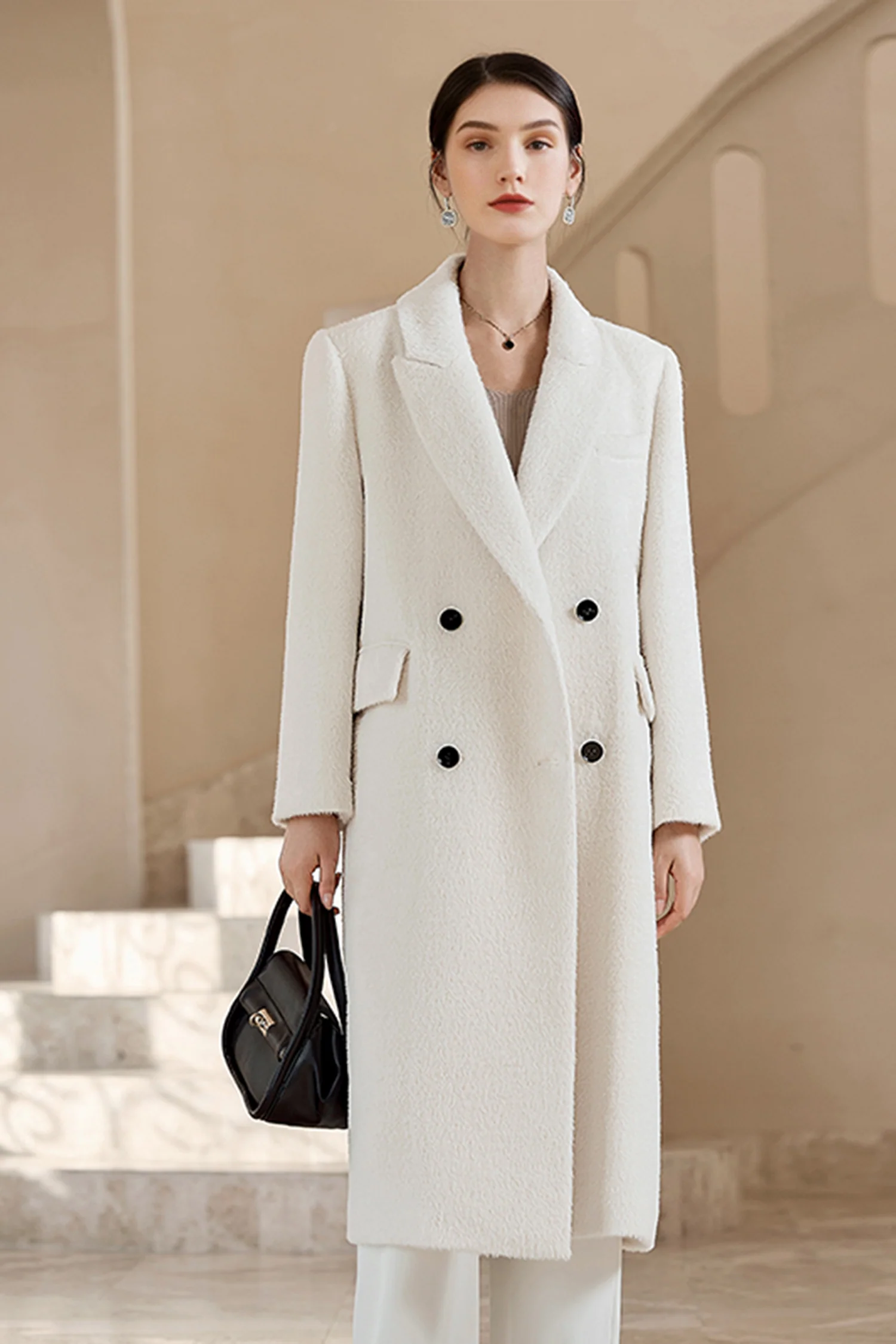 100% Suri Alpaca Wool Double-Breasted Long Coat - MIAOOOO