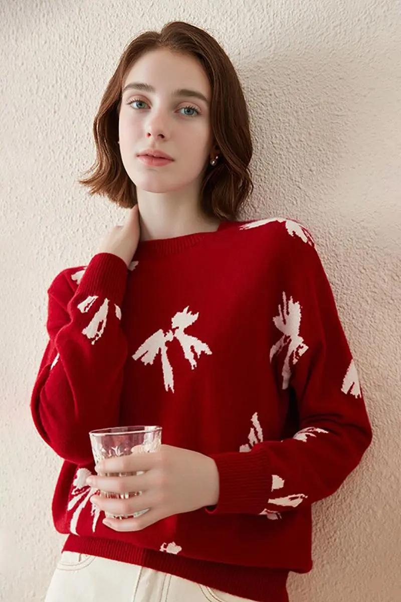 100 Cashmere Crew Neck Bow Sweater - MIAOOOO